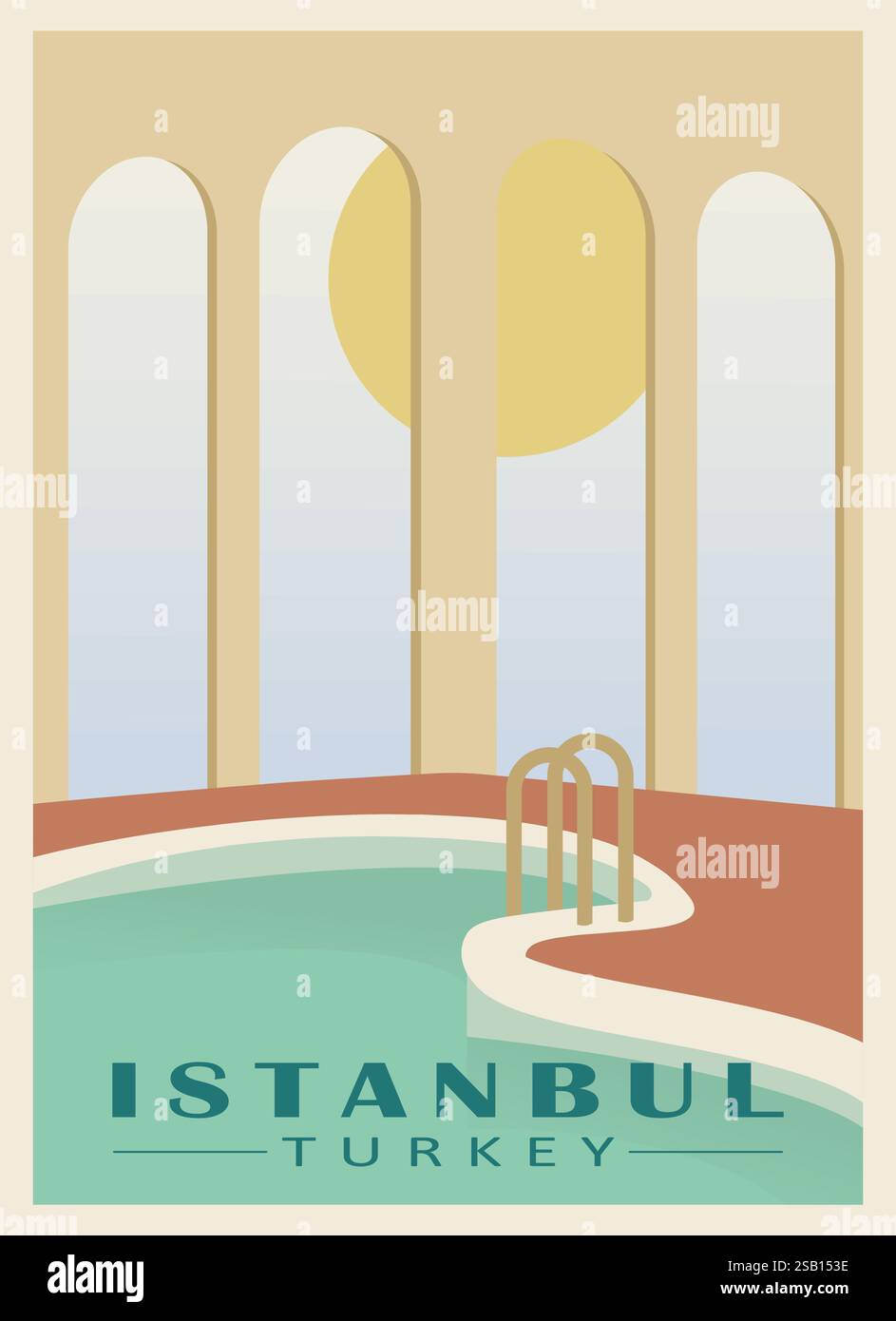 Sommer touristisches Resort, Istanbul, Türkei Illustration. Poster Urlaubsreisen in Europa. Swimmingpool Resort Typografie Design. Sommerferien nach Stock Vektor