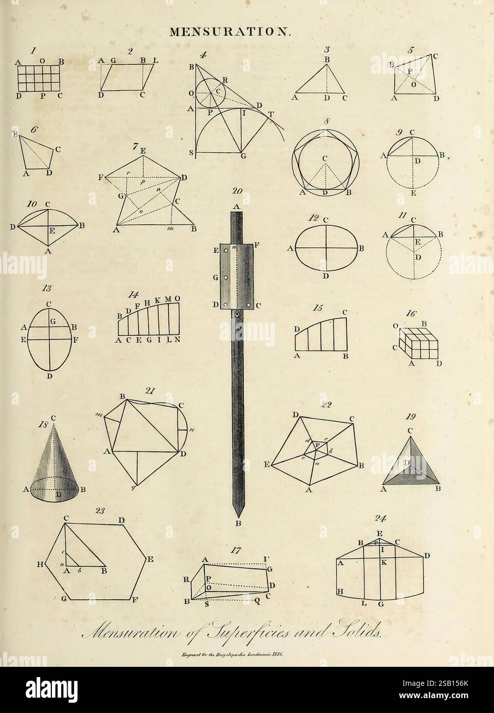 Encyclopaedia londinensis, oder Universal Dictionary of Arts, Sciences and Literature London, gedruckt für den Inhaber von J. Adlard, verkauft im Encyclopaedia Office von J. White und Champante and Whitrow, 1810–1829. Enzyklopädien und Wörterbücher, Mollusken, Bildwerke, die Bildunterschrift präsentiert eine umfangreiche Untersuchung geometrischer Figuren und Formen, wobei verschiedene zwei- und dreidimensionale Formen vorgestellt werden. Die Anordnung umfasst Dreiecke, Vierecke, Kreise und Polygone, die ihre Eigenschaften und Beziehungen veranschaulichen. Zusätzlich gibt es Diagramme von Feststoffen wie Prismen, Pyra Stockfoto