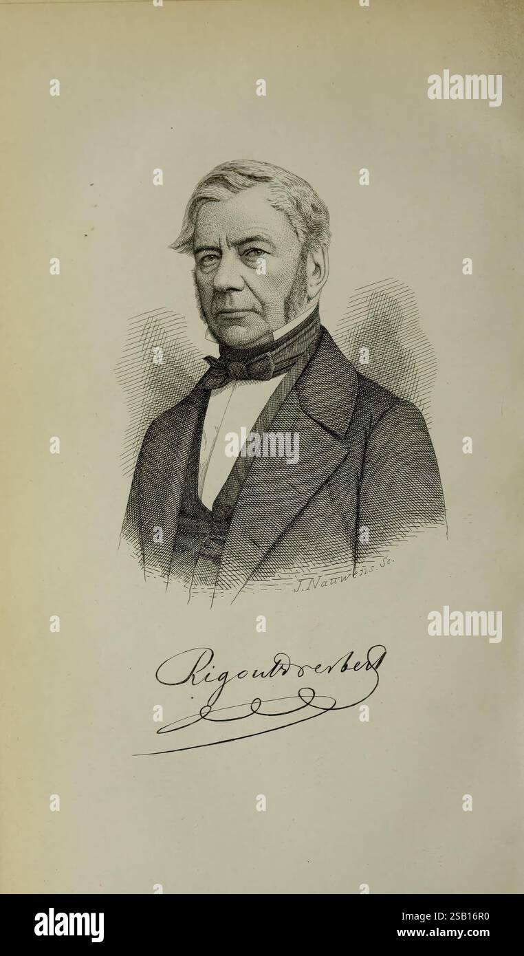 Belgique, Gartenbau, Lüttich, Botanik, Gartenbau, Zeitschriften, Pflanzen, Ein detailreiches Porträt eines vornehmen Herrn mit einem ernsten Ausdruck, das eine ordentlich gestylte Frisur und Gesichtsbehaarung zeigt. Er trägt eine formelle Kleidung, die aus einem dunklen Mantel und einem Hemd mit hohem Kragen besteht, was darauf hindeutet, dass er eine Position von Prominenz oder Respekt innehat. Die komplizierten Details um die Figur heben die Texturen seiner Kleidung und die Konturen seines Gesichts hervor. Unter dem Porträt befindet sich eine Unterschrift, die eine persönliche Note verleiht und anzeigt, dass diese Darstellung einer bestimmten Person entsprechen kann Stockfoto