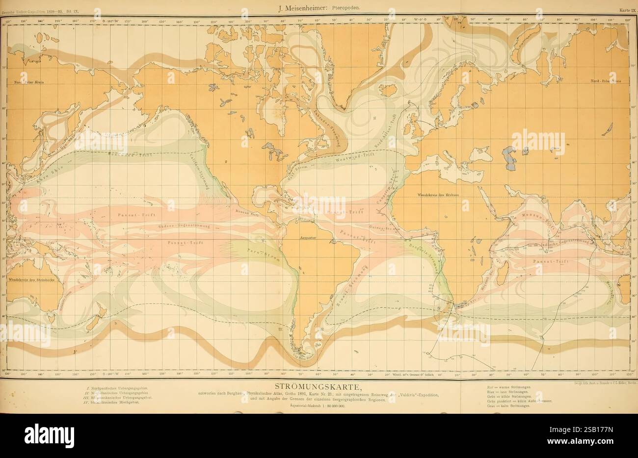 Wissenschaftliche Ergebnisse der Deutschen Tiefsee-Expedition auf dem Dampfer 'Valdivia'1898-1899, Jena, G. Fischer, 1902-40. Deutsche Tiefsee-Expedition 1898-1899 Meerestiere Wissenschaftliche Expeditionen Valdivia Schiff Reisen um die Welt Pteropoda Meeresschnecken Meeresschnecken Meeresschnecken Seeschnecken, Eine detaillierte Karte, die Meeresströmungen und Wasserströmungen auf der ganzen Welt zeigt, wobei verschiedene Regionen in verschiedenen Farben dargestellt werden, um die Stärke und Richtung der Strömungen anzuzeigen. Zu den wichtigsten Merkmalen gehören Meereszonen wie der Pazifik und der Atlantik sowie bemerkenswerte Strömungen wie der Gulf Stream. Stockfoto