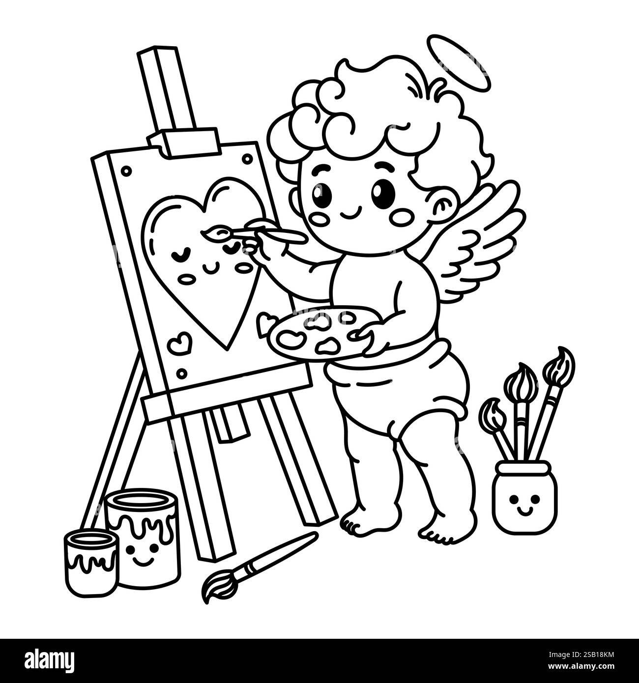 Entzückende Cupid-Illustration, die ein Herz auf einer Leinwand zeigt, umgeben von Pinseln und Farben. Stock Vektor