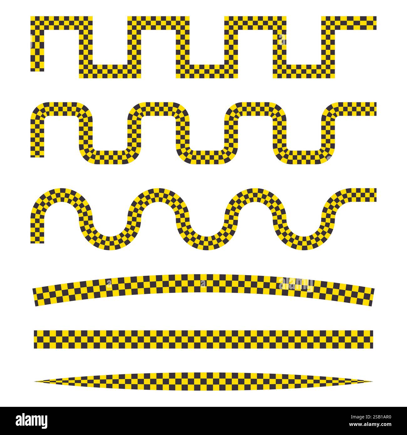 Kariertes Streifendesign. Gelbes schwarzes Muster. Welliges Bandelement. Vektor-Taxisymbol. Stock Vektor