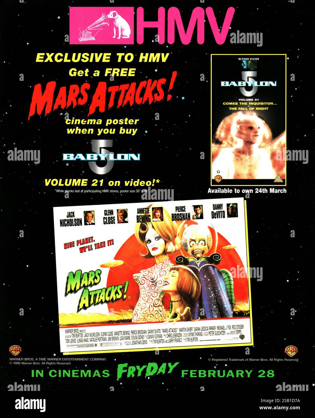 1997 UK Babylon 5 Band 21 über Video Space Opera & Mars Attacks! Kino-Poster – HMV-Händler Stockfoto