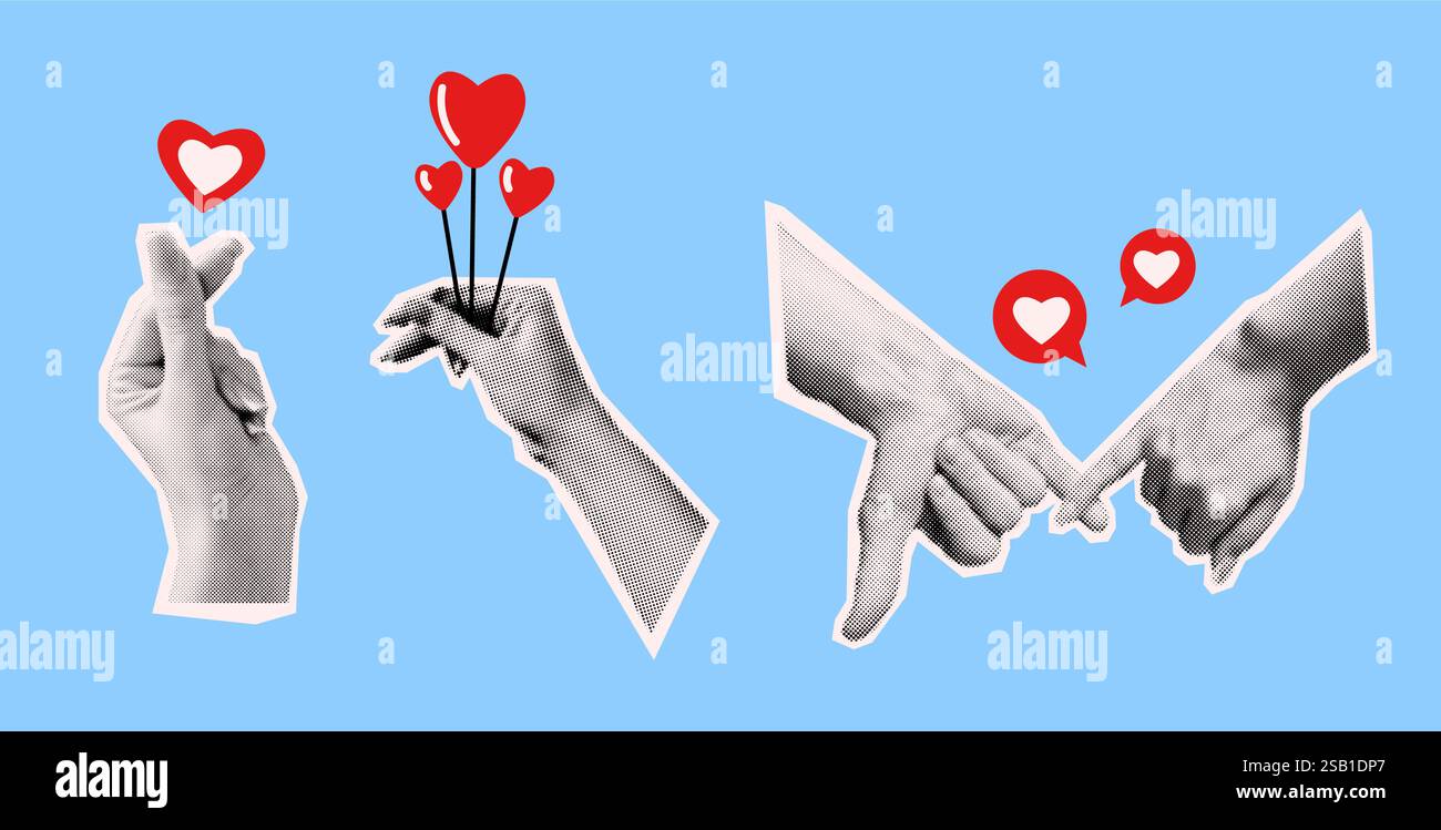 Hände mit verschiedenen Herzen Collage Vektor Halbton Illustration Set. Liebes- und Zuneigung-Emotionen-Ausdruck-Symbole in der Körpersprache auf blauem Hintergrund Stock Vektor