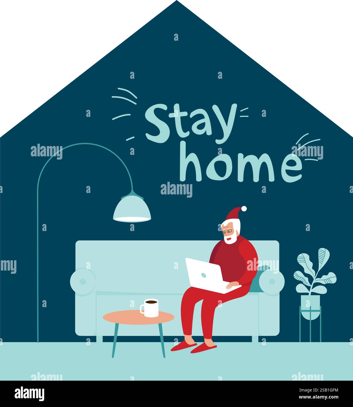 Bleiben Sie zu Weihnachten zu Hause. Der Weihnachtsmann sitzt allein zu Hause am Weihnachtsabend. Mit einem Laptop, der mit Kindern im Internet kommuniziert. Concept Flat vecto Stock Vektor