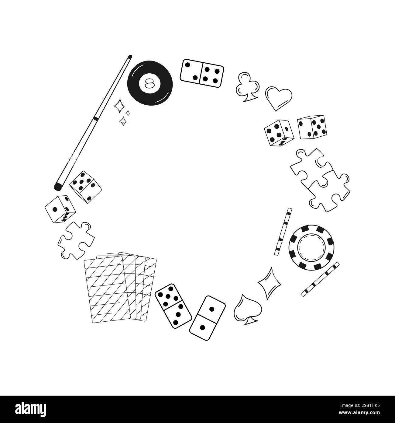 Spiel- und Casino-Elemente kreisförmiger Rahmen. Vektorabbildung. Pool, Würfel, Domino, Pokerchips, Spielkarten, Puzzle. Vielseitiges Design für Gaming, mit dem Sie mitmachen können Stock Vektor