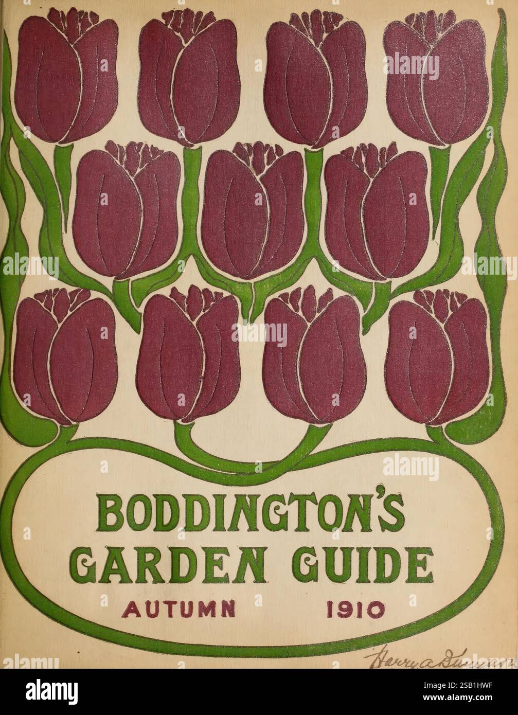 Boddingtons hochwertige Blumenzwiebeln, Samen und Pflanzen, New York, N.. Y, Arthur T. Boddington, Boddington Arthur T Firma, Zwiebelpflanzen, Kataloge, Ausrüstung und Zubehör, Blumen, Gartenbau, New York, Bundesstaat New York, Gärtnereien, Gärtnereien, Stauden, Samen, Gartengeschichten, in Blüte, Tulipa, tulip, Ein Cover-Design mit einer Reihe von stilisierten Tulpen in satten Burgundertönen, die in einem symmetrischen Muster angeordnet sind. Die Tulpen sind von leuchtend grünen Blättern eingerahmt, die ihre visuelle Wirkung verstärken. Unter dem Blumenmuster steht auf dem auffälligen Schriftzug „BODDINGTON's GARDEN GUIDE“, hervorgehoben mit dem W Stockfoto