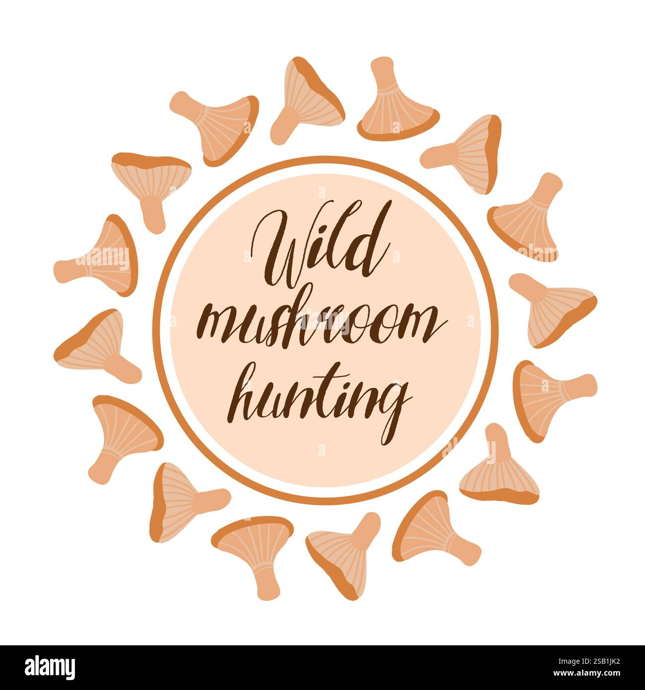 Rustikales Kreisetikett mit wilden Pilzen, die um den Textbereich angeordnet sind, perfekt für Herbst, Bio-Futtersuche und vom Wald inspirierte kulinarische OR Stock Vektor