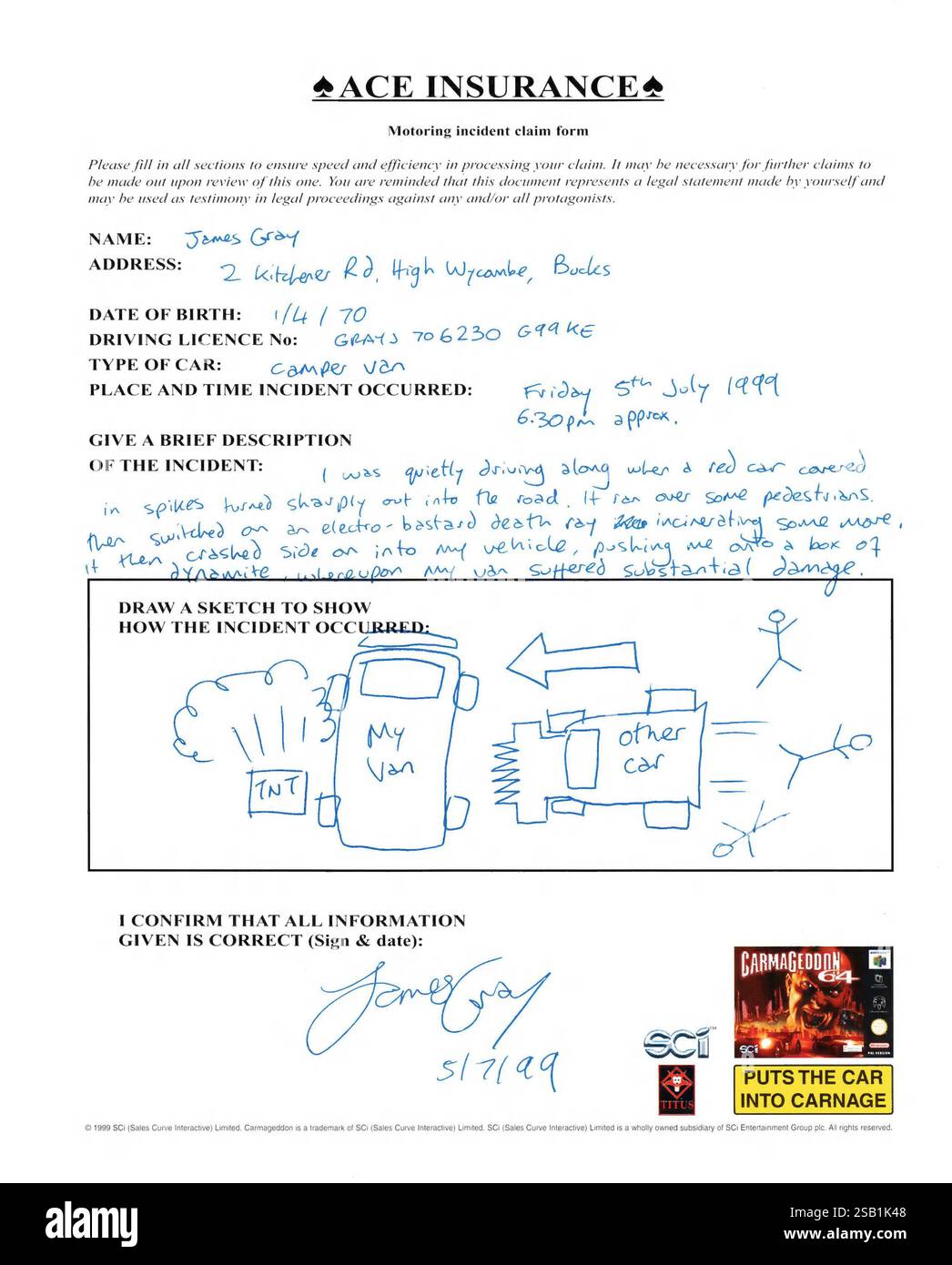 1999 UK Carmageddon 64 Videospiel-Werbeanzeige „Ace Insurance Motoring Incident Claim Form“ – Producted: Stainless Games, veröffentlicht von Sales Curve Interactive Stockfoto