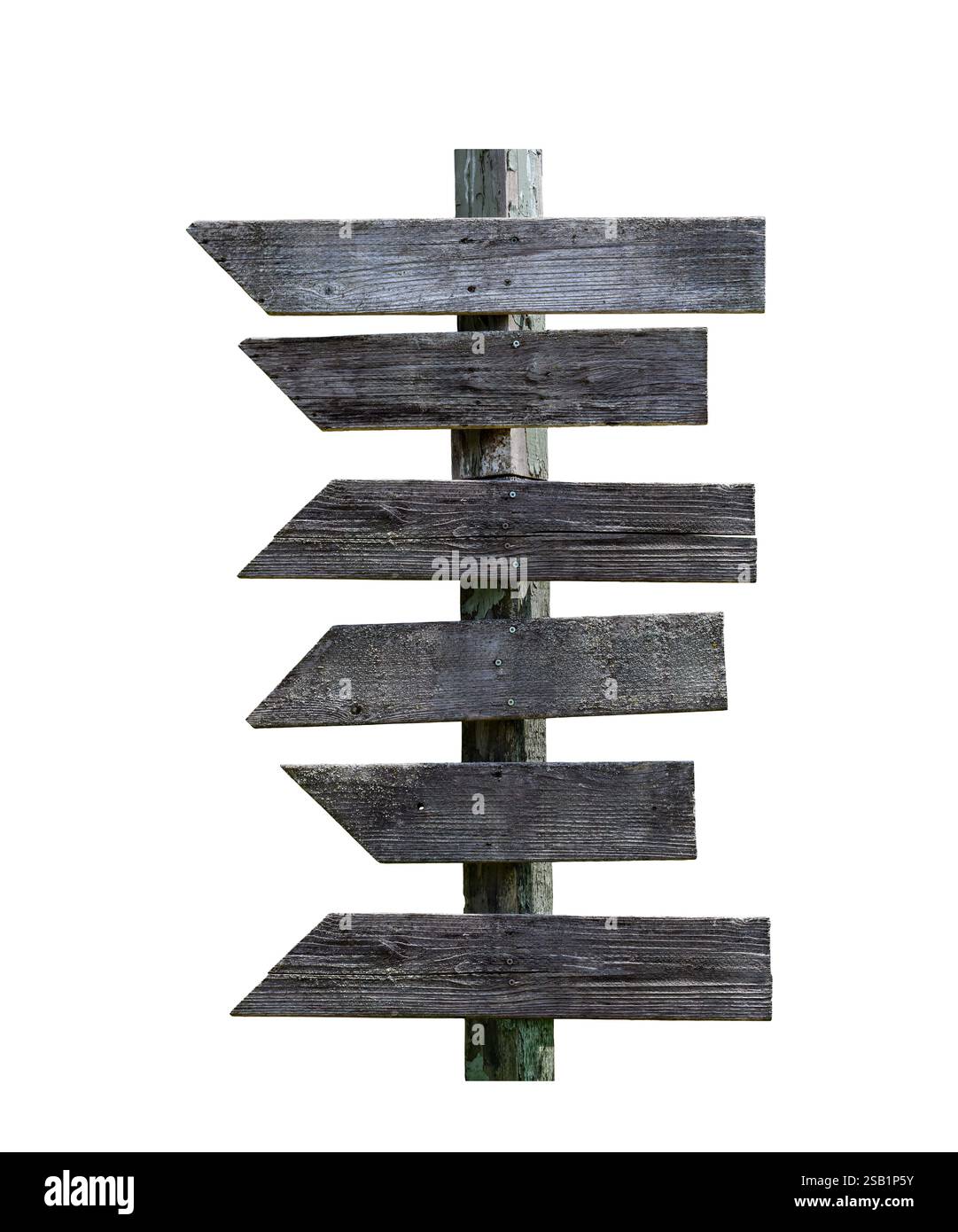 Altes verwittertes Holz, leere Richtungsschilder, isolierter Ausschnitt auf weiß Stockfoto
