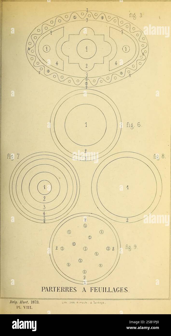 Belgique horticole. Lüttich. Botanik Gartenbau Zeitschriften Pflanzen, die Illustration zeigt eine Reihe von komplizierten Designs, die unter „Partères à Feuillages“ kategorisiert sind. Es verfügt über verschiedene ornamentale Layouts, darunter konzentrische Kreise und symmetrische Muster, die jeweils mit Zahlen als Referenz gekennzeichnet sind. Das zentrale Design zeigt ein ausgeklügelteres Muster, umgeben von einfacheren Ringformen. Diese Sammlung dient wahrscheinlich als Leitfaden für Garten- oder Landschaftsarchitektur und betont ästhetische Arrangements, die Laub- und Blumenelemente integrieren. Die Konstruktionen variieren in ihrer Komplexität, was auf das Gegenteil hindeutet Stockfoto