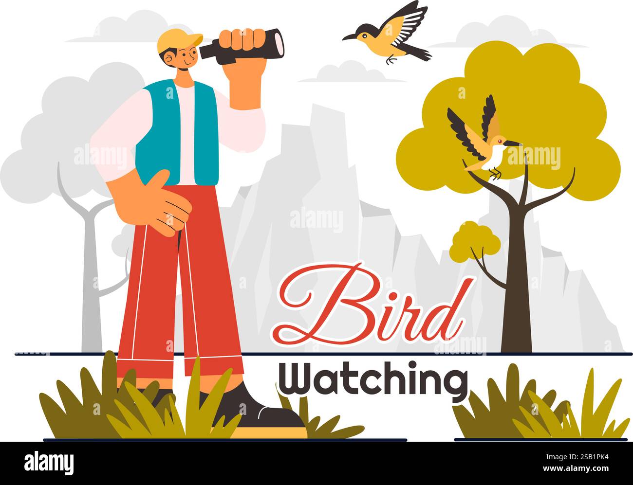 Vogelbeobachtung Vektor-Illustration mit Menschen, die Vogel in der Natur mit einem Zoologen oder Naturforscher in einem Park oder Wald Umgebung im Hintergrund beobachten Stock Vektor