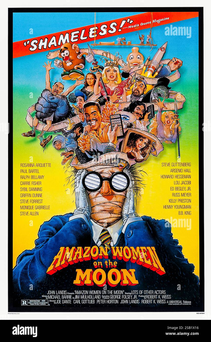 Amazon Women on the Moon (1987) unter der Regie von Joe Dante, John Landis und Robert K. Weiss mit Rosanna Arquette, Steve Guttenberg und Michelle Pfeiffer. Eine satirische Comedy-Anthologie, die B-Movies und späte Fernsehsendungen vortäuscht. Foto eines Original-Posters aus dem Jahr 1987 mit einem Blatt, das NUR ZUR REDAKTIONELLEN VERWENDUNG VON William Stout VERWENDET WIRD. Quelle: BFA / Universal Pictures Stockfoto