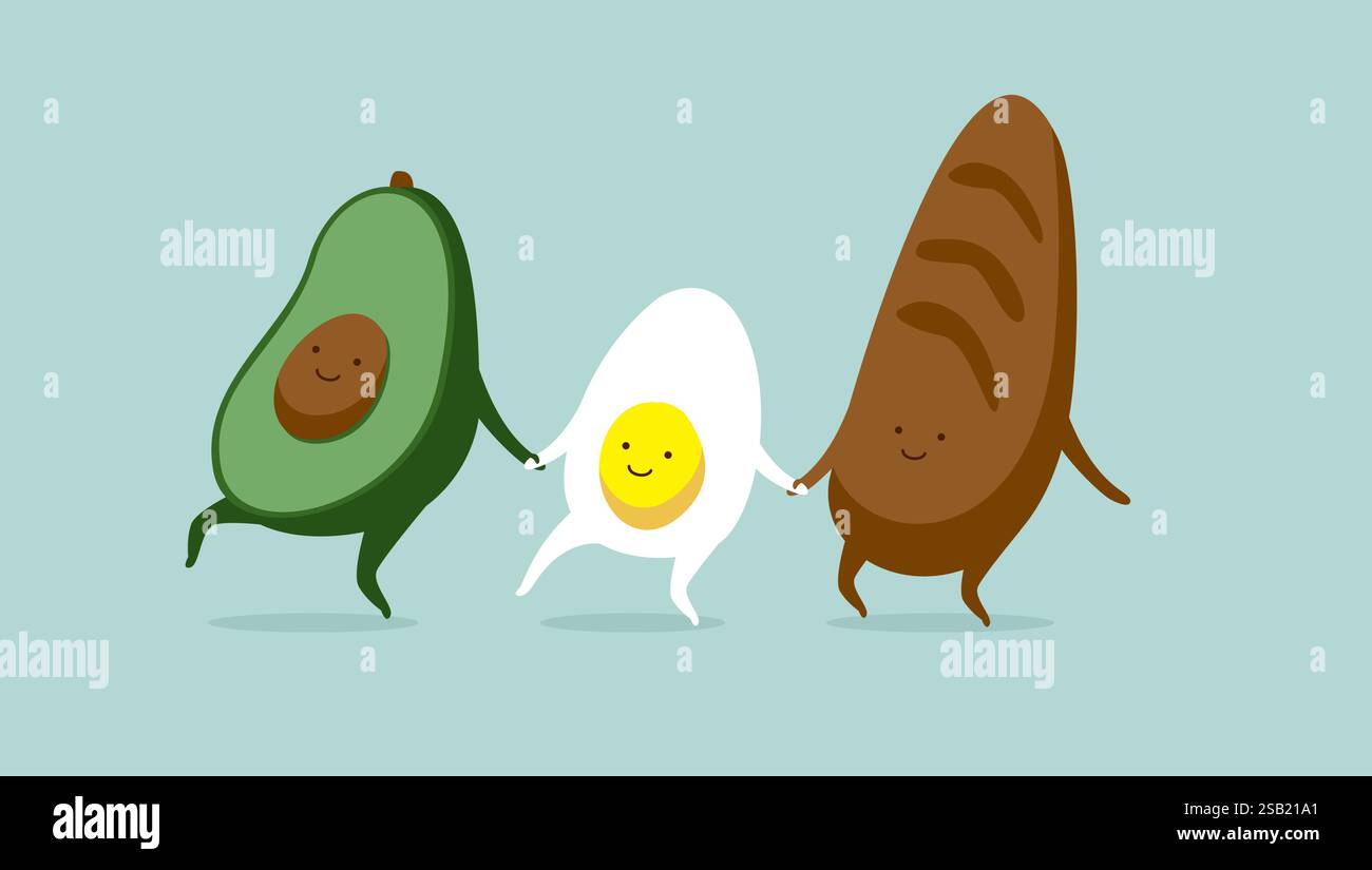 Lustige Charaktere, Eieravocado und Brot, Frühstück oder Brunch-Sandwich. Beste Freunde Set. Vektorabbildung. Lustiges Essen. Vektor-Zeichentrick-Illustration. Stock Vektor