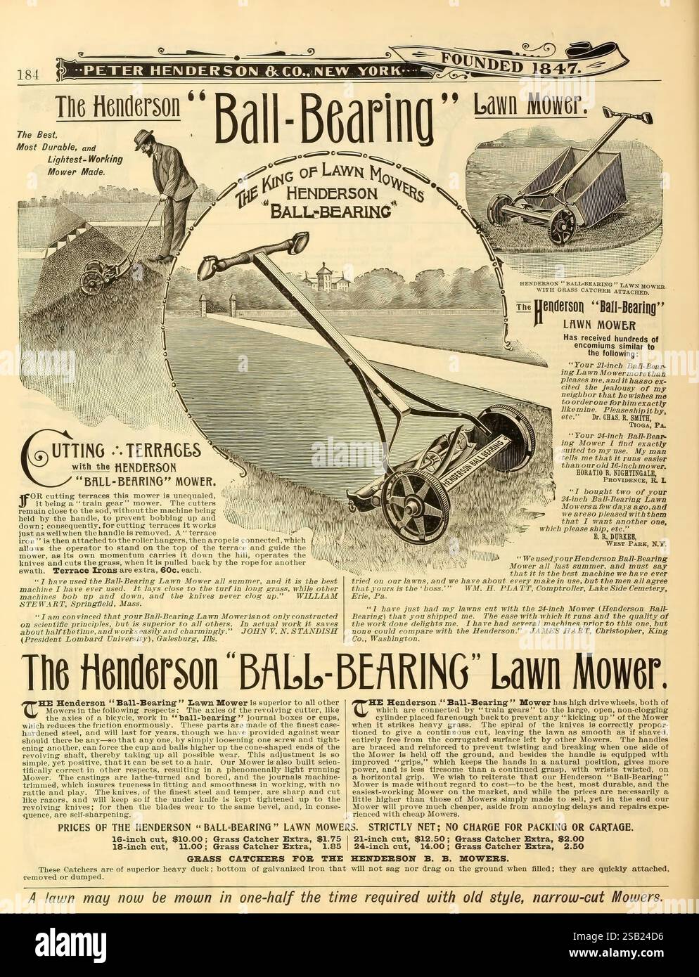 Alles für den Garten, New York, Peter Henderson & Co, 1902, Blumen, Gemüse, Samen, Kataloge, Pflanzenschmuck, Handelskataloge, Saatgutindustrie und -Handel, Peter Henderson Co, Gartenwerkzeuge und -Geräte, Gartengeschichten, in Blüte, kugelgelagerter Rasenmäher, eine Werbung, die den kugelgelagerten Rasenmäher Henderson präsentiert und seinen Ruf als „König der Rasenmäher“ unterstreicht. Das Design zeigt eine Illustration des Rasenmähers in Aktion, der durch Terrassenrasen schneidet. Im Text wird das fortschrittliche Kugellagersystem des Mähers für einen reibungsloseren Betrieb hervorgehoben und das Unternehmen Peter Hend erwähnt Stockfoto
