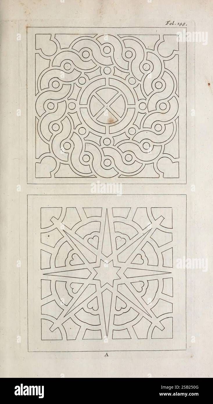 De Koninglycke Hofvenier Aanwyzende de Middelen om Boomen, t'Amsterdam, von Marcus Doornick, 1676, Niederlande, Gartenbau zeigt das Kunstwerk zwei komplexe geometrische Designs, die in einem Rasterformat dargestellt werden. Das Top-Design zeichnet sich durch eine skurrile Anordnung von wirbelnden Linien aus, die ein Gefühl von Bewegung und Fließfähigkeit schaffen, mit einer zentralen Kreuzform. Das untere Design ist strukturierter, mit scharfen Winkeln und symmetrischen Mustern, die in einem zentralen Sternmotiv gipfeln. Beide Entwürfe weisen ein Gleichgewicht zwischen Komplexität und Harmonie auf und heben die Schönheit geometrischer Kunst und ihr Potenzial für Dekora hervor Stockfoto