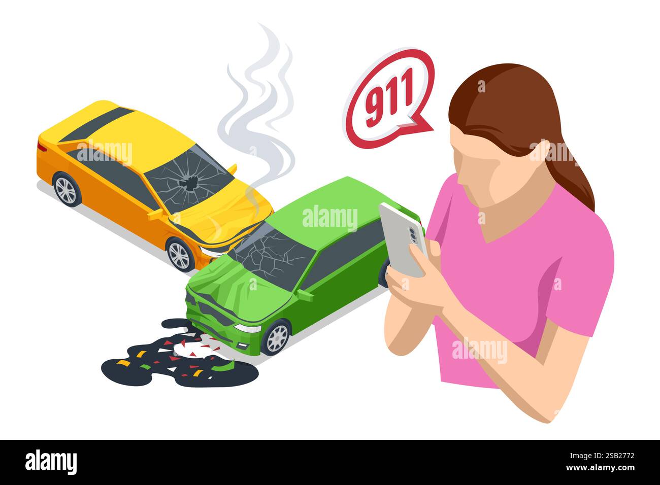 Autounfall. Eine isometrische Vektordarstellung eines Autounfalls mit zwei beschädigten Autos. Eine Frau ruft den Rettungsdienst, mit einer Sprechblase von 911 Stock Vektor