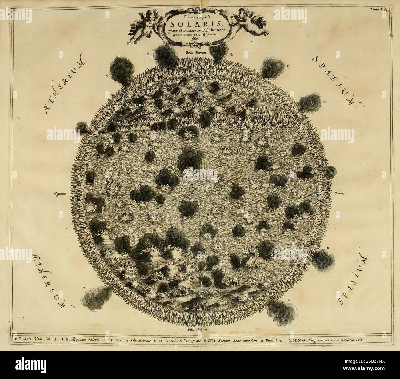 Mundus subterraneus, in XII libros digestus, Amstelodami, apud Joannem Janssonium à Waesberge & filios, 1678, Wissenschaft, Naturgeschichte, Geologie, eine frühe astronomische Illustration, die die Sonne darstellt, gekennzeichnet durch eine strukturierte Oberfläche, die mit verschiedenen dunklen Flecken und Merkmalen gefüllt ist, die auf Sonnenaktivität hinweisen. Um die zentrale Darstellung herum befinden sich Labels, die verschiedene Bereiche benennen und wahrscheinlich auf bestimmte Bereiche der Sonnenoberfläche verweisen. Das Design enthält ein Himmelsmotiv an der Oberseite, das die wissenschaftliche und künstlerische Mischung des Stücks unterstreicht. Die Gesamtkomposition spiegelt das historische wider Stockfoto