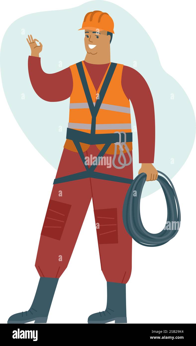 Hochhaus-Bauarbeiter, der ein Seil hält. Sicherheitsausrüstung für Kletterer. Reparaturservice und Baukonzept. Flaches Vektorzeichen. Stock Vektor