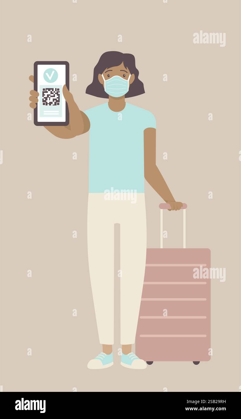 Junge Frau, die einen Gesundheitspass auf einem Mobiltelefon vorzeigt, was auf eine Impfung gegen covid-19 hinweist. Gültiges digitales Zertifikat mit qr-Code. Immuni Stock Vektor