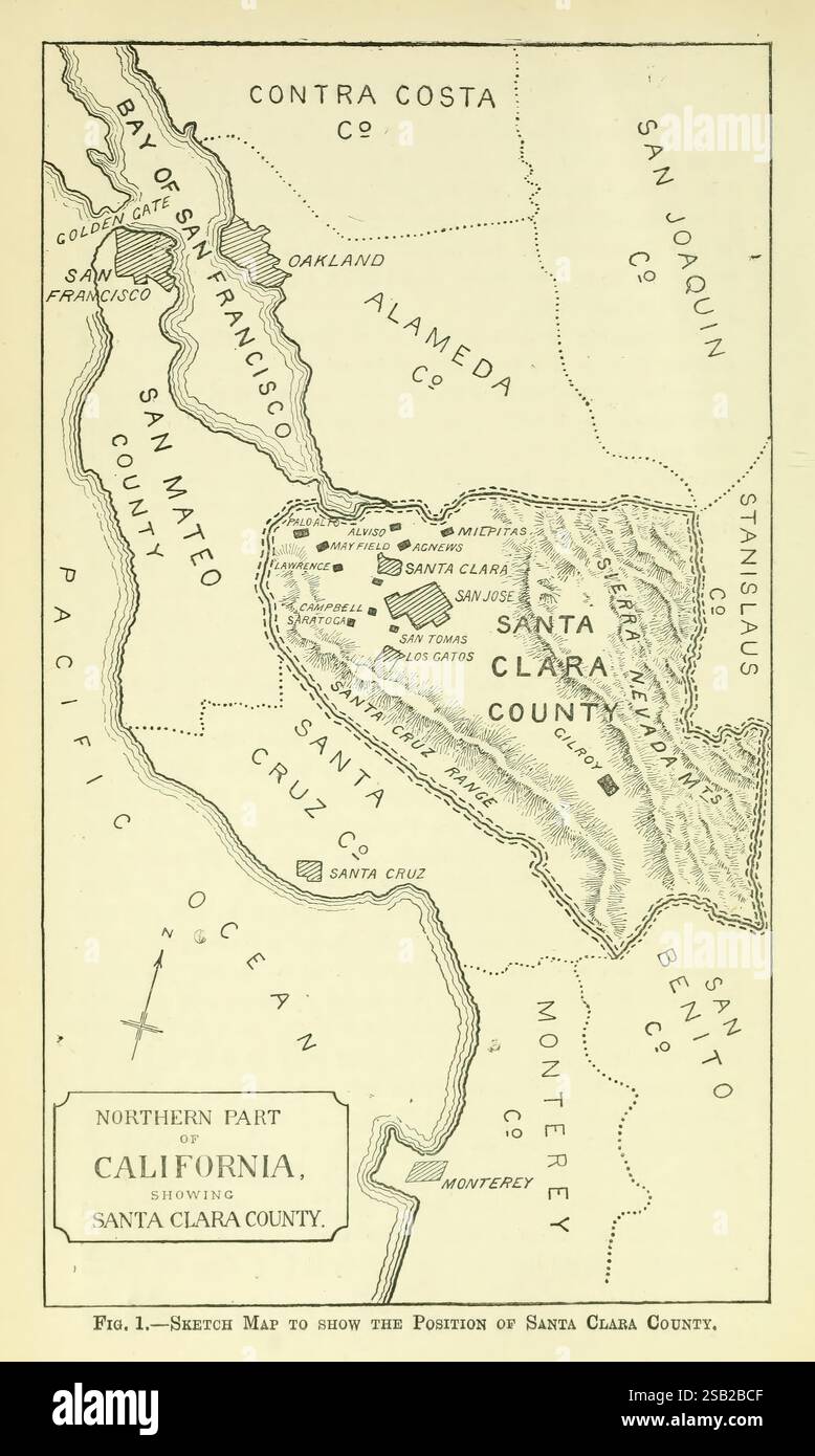 Journal der Royal Horticultural Society of London. London. Gedruckt für die Royal Horticultural Society von Spottiswoode & Co, Botanik, Obstkultur, Gartenbau, Zeitschriften, Gesellschaften, Tuinbouw, Tuinen, Tuinieren, eine detaillierte Skizzenkarte, die den nördlichen Teil Kaliforniens illustriert und insbesondere Santa Clara County hervorhebt. Zu den wichtigsten geografischen Besonderheiten gehören die umliegenden Grafschaften wie Contra Costa, San Mateo und Monterey sowie prominente Städte und Städte, die innerhalb der Region Santa Clara markiert sind. Zu den Wahrzeichen zählen Santa Clara selbst, San Jose und Santa Cruz, provi Stockfoto