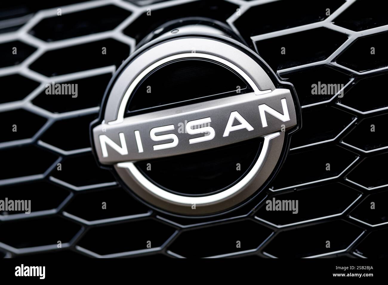 München, Deutschland. Januar 31, 2025. Das Markenlogo von Nissan ist am 31. Januar 2025 auf einem Fahrzeug der Marke in einer Niederlassung des Unternehmens in München (Bayern) zu sehen. Nissan ist ein japanischer Automobilhersteller. Quelle: Matthias Balk/dpa/Alamy Live News Stockfoto