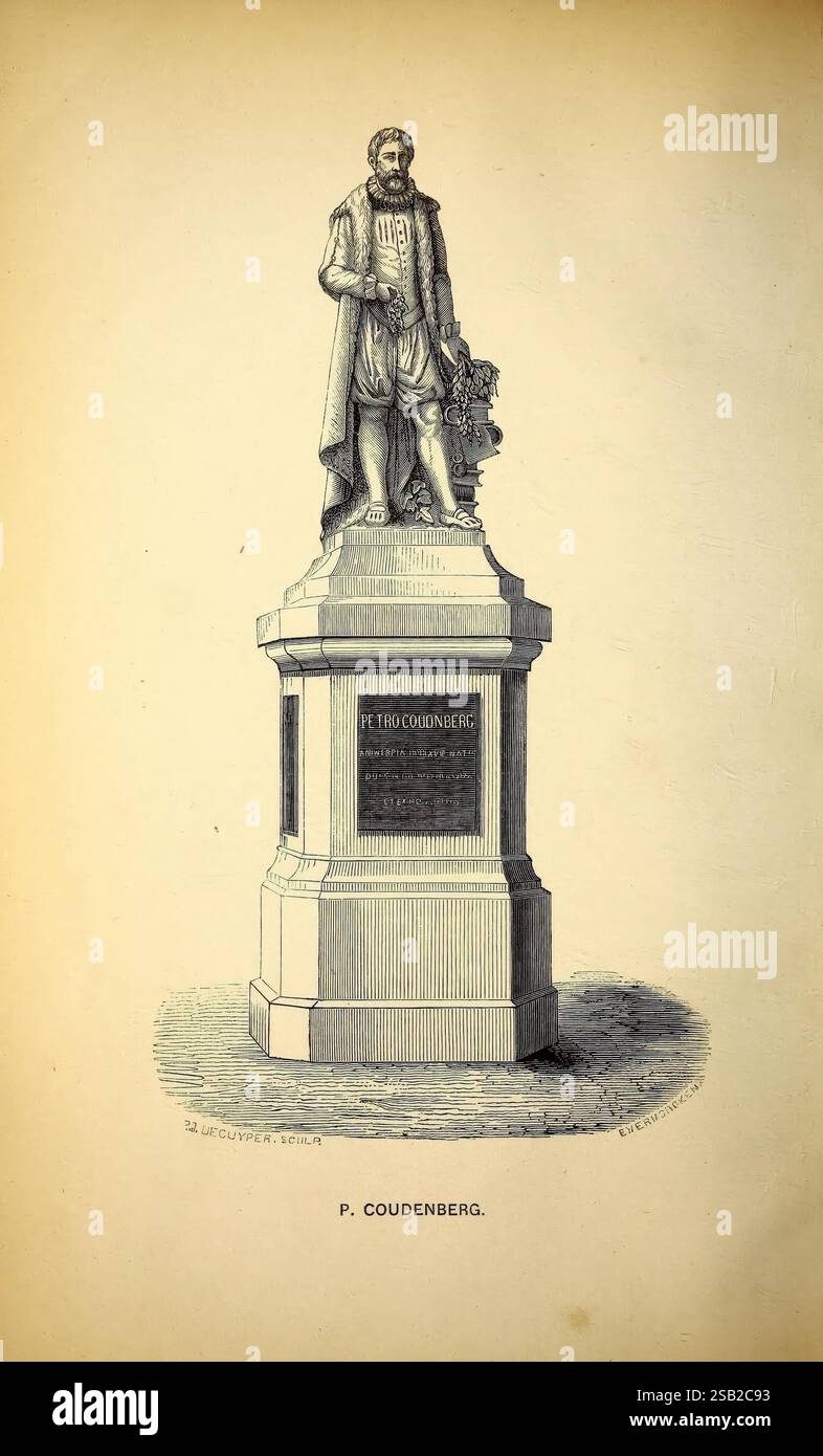 Belgique horticole Lüttich Botanik Gartenbau-Periodika Pflanzen, Eine detaillierte Darstellung der Statue von P. Coudenberg, hervorstehend auf einem dekorativen Sockel. Die Figur ist in historischer Kleidung gekleidet, mit einem langen Mantel und einer Weste, mit komplizierten Details, die auf Stoff und Textur der Kleidung hinweisen. Coudenberg ist dargestellt, der einen Kranz in einer Hand hält, der Ehre oder Gedenken symbolisiert. Der Sockel ist mit Inschriften verziert, die die Bedeutung Coudenbergs und seiner Beiträge betonen. Um die Basis herum befindet sich eine kreisförmige Plattform, die durch eine gemusterte Oberfläche, e, ergänzt wird Stockfoto