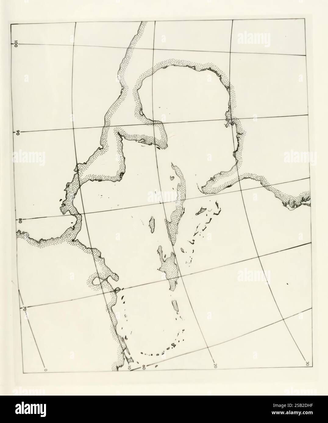 Memorie sulla storia e anatomia degli animali senza vertebre del regno di Napoli, Neapel, 1823-1829. Anatomie, Wirbellose, Blutegel, Neapel, Bucht von Italien, Zoologie, Museum of Comparative Zoology, Eine kartographische Darstellung der geografischen Konturen einer Küstenregion. Die Abbildung zeigt verschiedene Landmassen mit gepunkteten Linien, die die Umrisse der Küste anzeigen. Die umliegenden Gewässer sind schwach markiert, wobei Breiten- und Längenlinien das Gebiet in einen größeren geografischen Kontext stellen. Die Details deuten darauf hin, dass der Schwerpunkt auf den komplizierten Formen der Inseln liegt Stockfoto