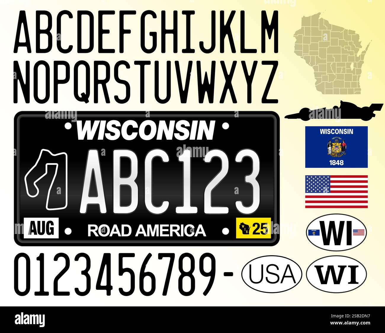 Wisconsin Road America Nummernschild, schwarzes Muster, Buchstaben, Zahlen und Symbole, USA, Vereinigte Staaten von Amerika, Vektorillustration Stock Vektor