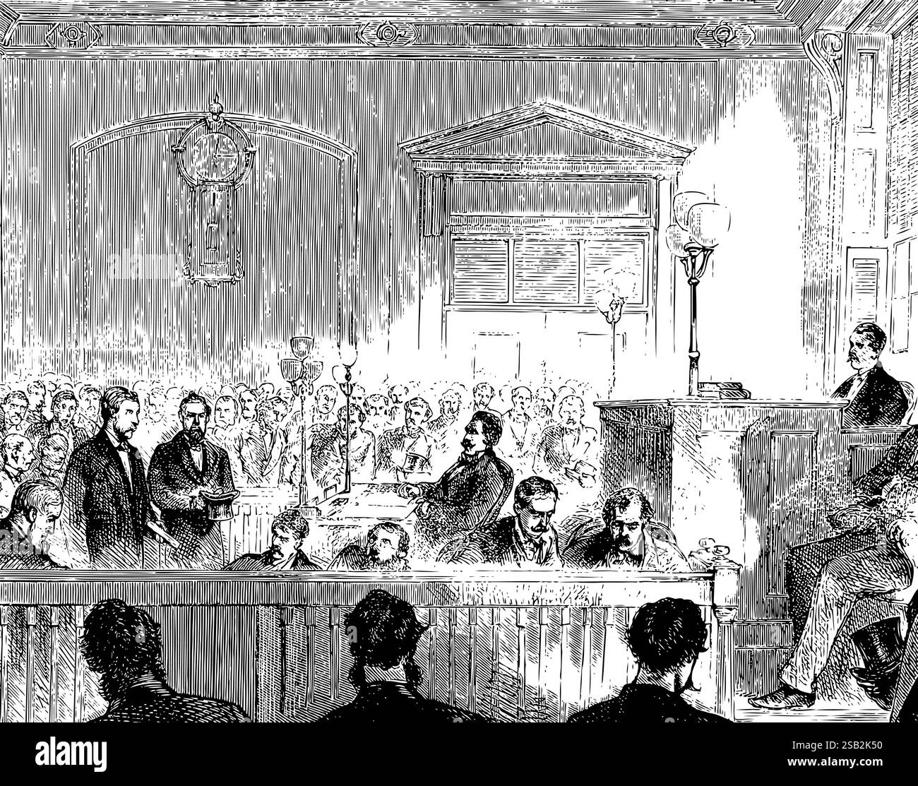 Anklage in einem Gerichtssaal, Richter und Angeklagter. Strichzeichnung schwarz-weiß, mit Zuschauern. Stock Vektor