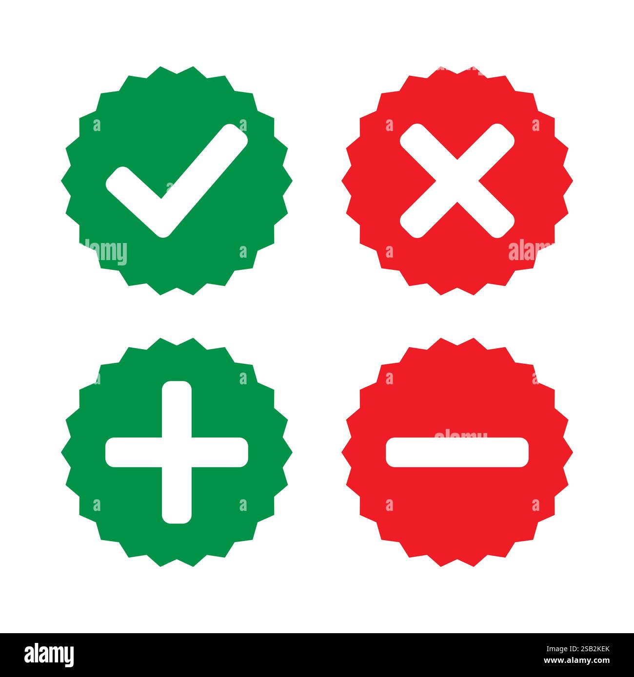 Falsches Symbol, Symbol für Additionssubtraktion in kreisförmiger Zickzackform mit grünem und rotem Farbcode. Vektorabbildung. Stock Vektor