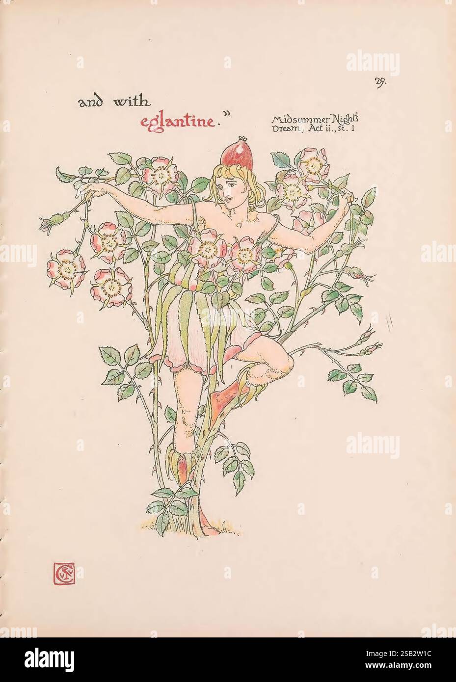 Blumen aus Shakespeare's Garden London, Cassell & Co, Ltd, 1909, Geschichte, Illustrationen, 20. Jahrhundert, illustrierte Bücher, Shakespeare William, Blumen in der Kunst, Blumen in der Literatur, Kostüm, Shakespeare, Walter Crane, eglantine, sweetbriar, Sweetbrier, sweetbriar Rose, 1564, 1616, ein skurriler Charakter in lebendiger Blumenbekleidung steht spielerisch inmitten von ineinander verflochtenen Zweigen. Diese Figur, die den Geist der Natur repräsentiert, ist umgeben von blühenden Rosen und Grün, die das bezaubernde Thema Liebe und Magie verkörpern. Das Zitat „und mit eglantine“ wird Shakespeares „A Midsummer“ zugeschrieben Stockfoto