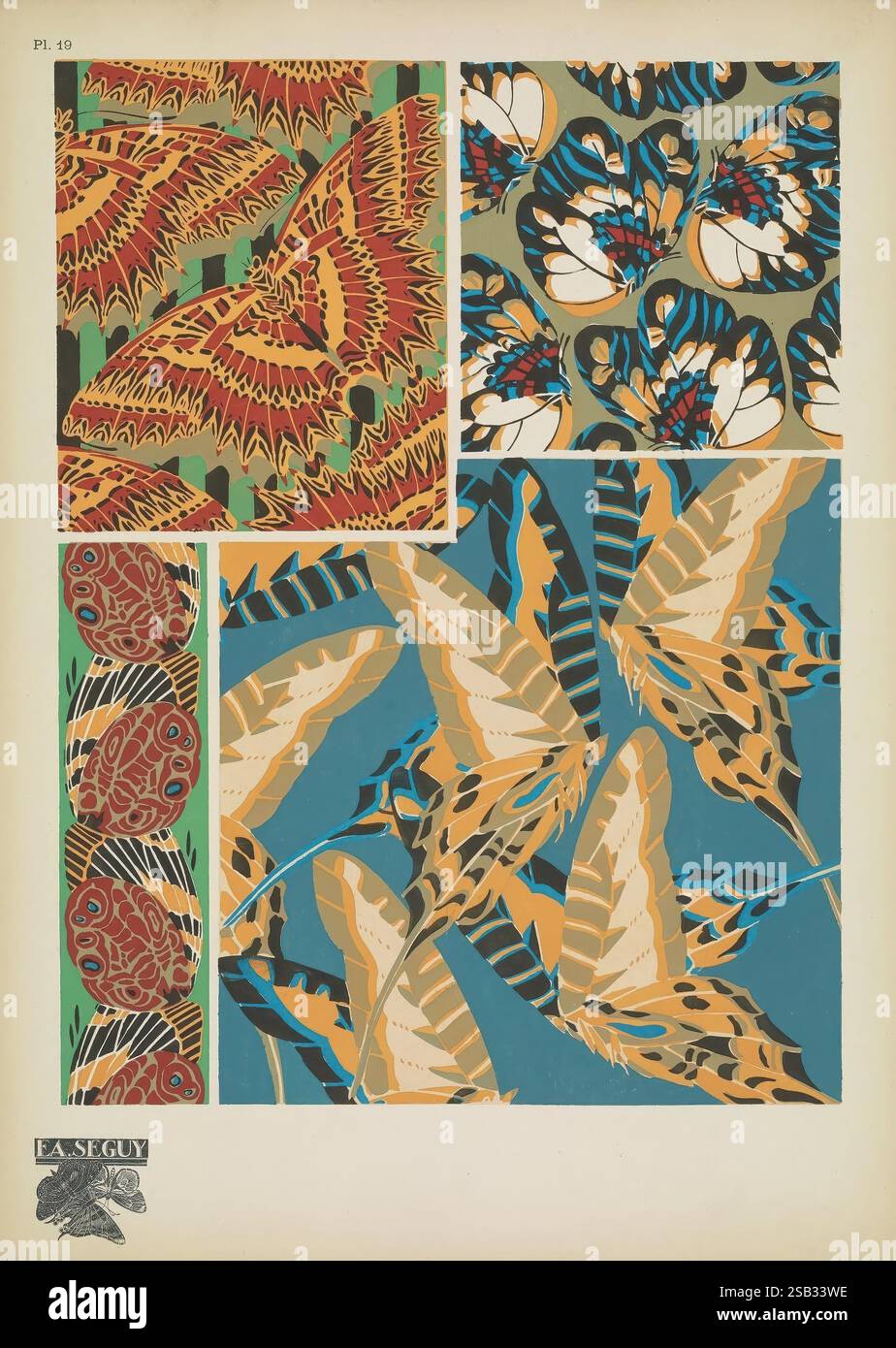 Papillons, Paris, Tolmer [ca. 1925], Tierformen, Schmetterlinge, Dekoration und Ornamente, Bildwerke, Insekten, Schmetterlinge, Arthropoda, Arthropod, Histsciart, Eine optisch eindrucksvolle Komposition mit einer Reihe dekorativer Muster, die von der Natur inspiriert sind. Der obere linke Quadrant zeigt aufwendig gestaltete Schmetterlinge mit kräftigen, feurigen Farben und symmetrischen Mustern. Daneben befindet sich im rechten oberen Quadranten eine fesselnde Reihe von Schmetterlingen mit leuchtenden Flügeln in Blau-, Orange- und Weißtönen vor einem kontrastierenden Hintergrund. Im unteren linken Bereich wird eine Sequenc angezeigt Stockfoto