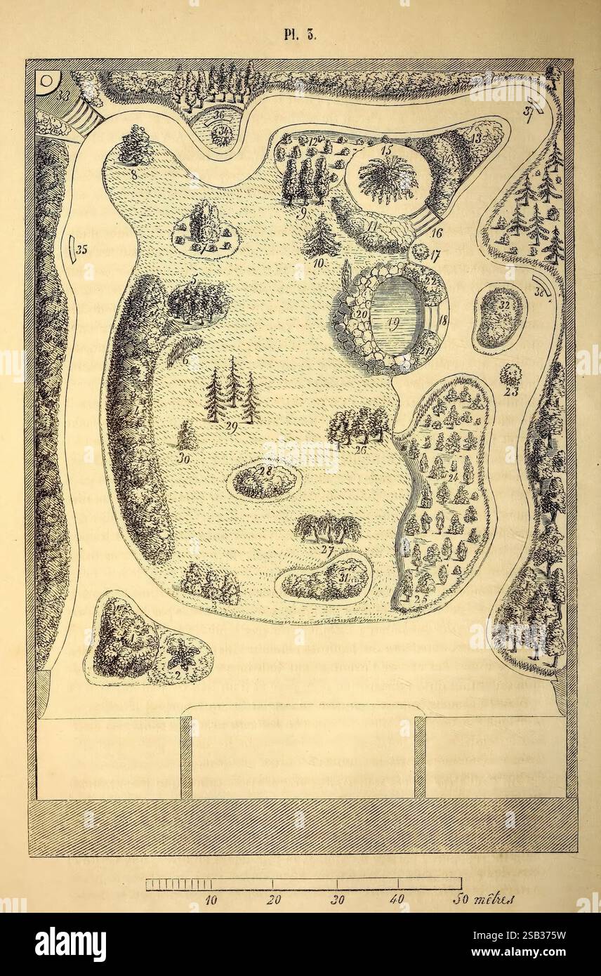 Belgique, Gartenbau, Lüttich, Botanik, Gartenbau, Zeitschriften, Pflanzen, Eine detaillierte topografische Karte, die ein landschaftliches Gebiet mit einem großen zentralen Wasserkörper darstellt, umgeben von verschiedenen Vegetations- und Geländearten. Das Layout umfasst mäandernde Pfade, Baumgruppen und verschiedene Zonen, die mit Nummern gekennzeichnet sind, die bestimmte Orte oder Merkmale von Interesse anzeigen. Der untere Bereich zeigt eine Skala zur Messung von Entfernungen, und das Gesamtdesign betont eine harmonische Mischung aus Natur und künstlerischer Landschaftsgestaltung, was auf einen gut geplanten Erholungsraum hindeutet. Stockfoto