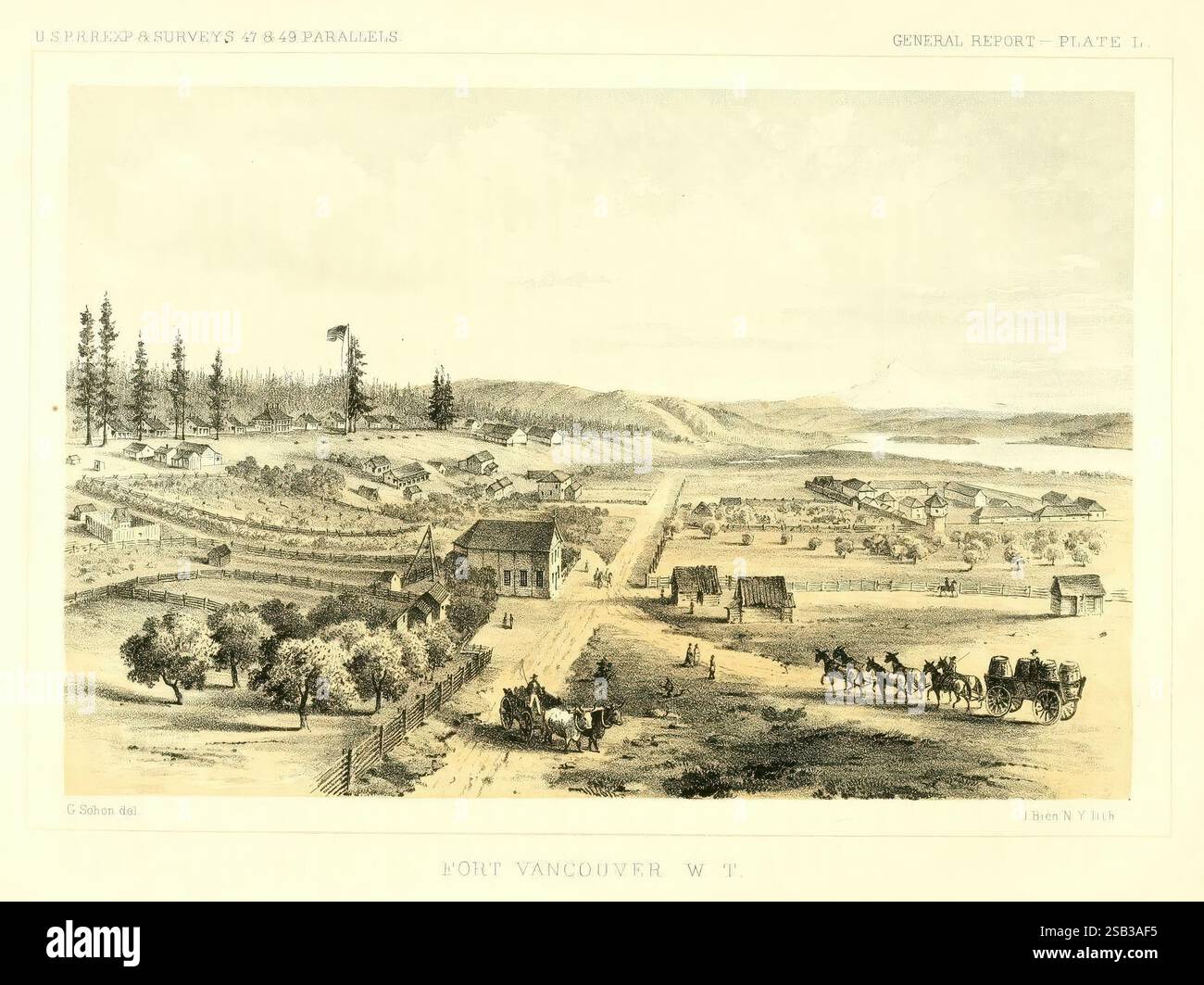 Die Naturgeschichte des Washington Territory, London, Baillière Brüder, 1859. Naturgeschichte im Bundesstaat Washington, Eine detaillierte Illustration zeigt ein historisches Militärfort, umgeben von sanften Hügeln und kargen Bäumen. Im Vordergrund sind mehrere Wagen und Pferde entlang einer Feldstraße dargestellt, die zum Fort führt, was auf Aktivität und Transport hindeutet. Die Festung selbst besteht aus verschiedenen Gebäuden, die wahrscheinlich für Wohnzwecke und Betrieb genutzt werden, mit einem Wachturm im Hintergrund. Um das Gebäude herum liegen offene Felder, die auf die Landschaft hinweisen, die typisch für die Region während einer vergangenen Zeit war Stockfoto