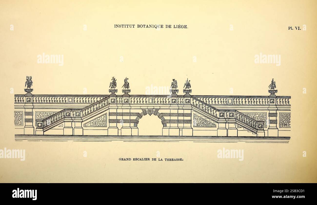 Belgique Horticole Liége Botany Horticulture Zeitschriften Pflanzen, die Abbildung zeigt die komplizierte Fassade des Instituts D'Bavière und betont seine architektonischen Details. Zu den bemerkenswerten Elementen zählen kunstvolle Skulpturen entlang der Dachlinie und dekorative Motive auf dem Balkon und dem Eingang. Das Design spiegelt klassische Einflüsse mit einer symmetrischen Anordnung und akribischer Handwerkskunst wider und unterstreicht die Pracht der Struktur. Die Komposition verfügt auch über einen großen bogenförmigen Eingang, der als Mittelpunkt dient und die gesamte Eleganz des Gebäudes ergänzt. Stockfoto