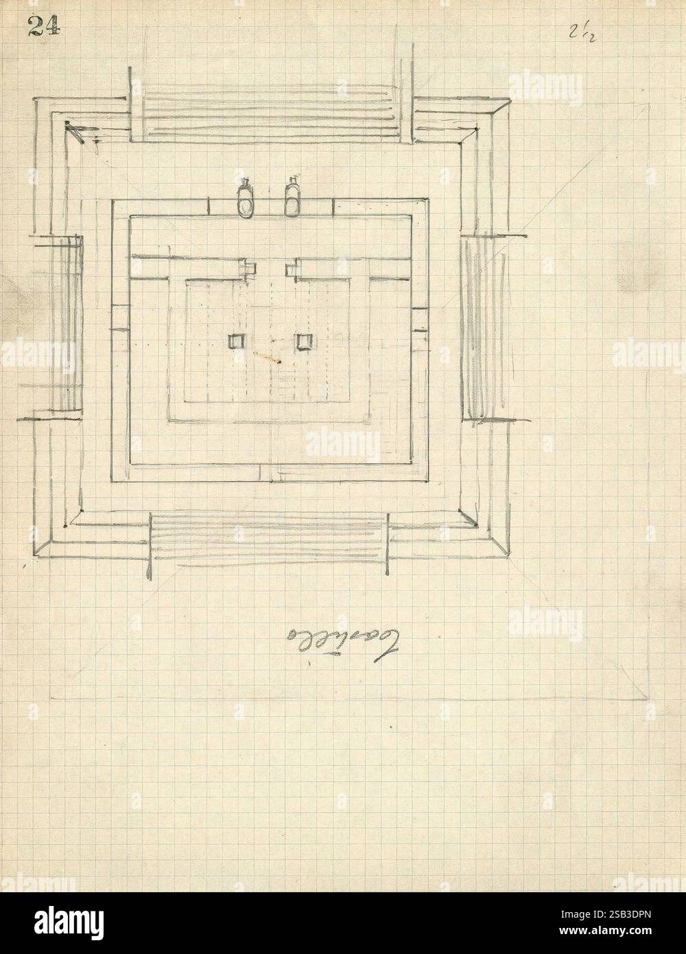 Chichen Itza, Mexiko, 1895 (2), 1895, Anthropologie, Archäologie, Chichen Itza, Feldnotizen, Geologie, Illustrationen, Maya-Kunst, Mexiko, Halbinsel Yucatan, Archive, viele Hüte von Holmes, die Zeichnung zeigt ein geometrisches Layout eines strukturierten Raumes, möglicherweise einen Grundriss oder ein architektonisches Design. Sie verfügt über mehrere rechteckige Formen, die konzentrisch angeordnet sind und definierte Bereiche innerhalb der Gesamtkontur erzeugen. Die Ecken sind abgerundet und es gibt Hinweise auf Türen oder Eingangspunkte. Das Design kann für ein Wohn- oder öffentliches Gebäude sein, wobei Symmetrie und Organisation betont werden. Handschrift Stockfoto