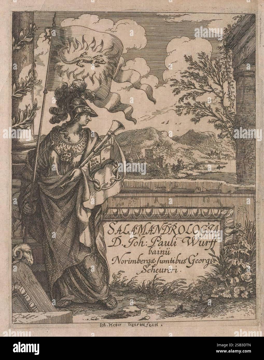 Salamandrologia, Historico-philologico-philosophico-medica, Salamandrae, vulgo, igne, Vivere, Creditur, S.R.J. Academiae, Naturae, Curiosis, Ausstellungen, Norimbergae, Sumtibus, G. Scheureri, Typis, Johannis M. Spörlin, 1683, Earlyworks, Salamander, Eine Figur mit klassischer Rüstung und Krone hält ein Kompendium in der einen Hand, während die andere Geste wie eine Idee präsentiert. Hinter dieser Figur entfaltet sich eine fantastische Landschaft mit sanften Hügeln und einer fernen Burg mit einer Flagge, die im Wind weht. Ein Banner schwingt darüber und zeigt ein symbolisches Motiv. Die Inschrift an der Basis führt t ein Stockfoto