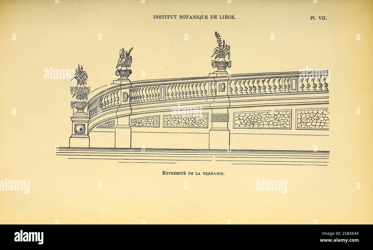 Belgique horticole Lüttich Botanik Gartenbau Zeitschriften Pflanzen. Diese Illustration zeigt ein architektonisches Detail des Instituts Dynamique de Lüttich und zeigt einen aufwendig gestalteten Fries. Das Kunstwerk enthält dekorative Elemente wie verzierte Scrollarbeiten und florale Motive, die die Handwerkskunst dieser Zeit hervorheben. Die Verzierungen deuten auf einen klassischen Einfluss hin, typisch für große Gebäude, mit einem Schwerpunkt auf Symmetrie und Eleganz. Im unteren Teil sind Skulpturen oder Reliefs zu sehen, die den visuellen Reichtum der Struktur verstärken und den architektonischen styl widerspiegeln Stockfoto