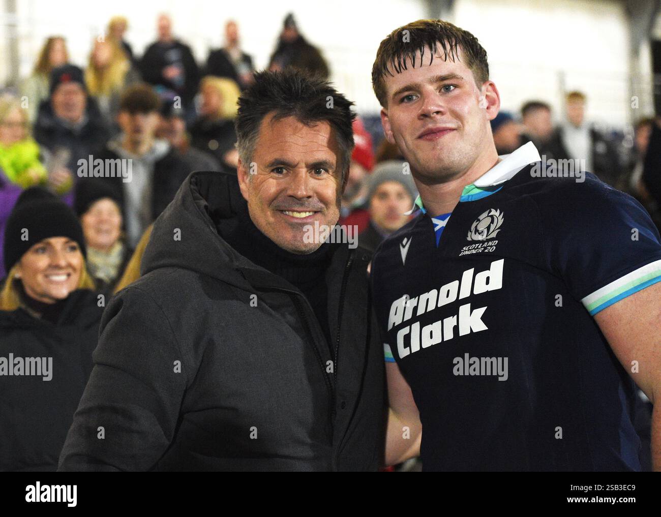 Hive Stadium Edinburgh. Schottland, Großbritannien. Januar 31, 2025. Six Nations Championship Match Schottland U20 gegen Italien U20 Kenny Logan Ex Schottland iinternationalistischer celebrateÕs Son Reuben Debüt für Schottland U20 Credit: eric mccowat/Alamy Live News Stockfoto