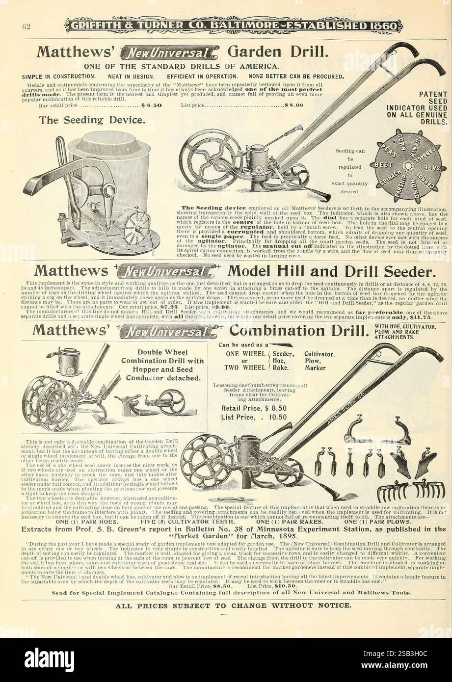 Farm- und Gartenbedarf, Baltimore, MD, Griffith and Turner Co, Gemüse, Gartenarbeit, Saatgut, Kataloge, Ausrüstung und Zubehör, landwirtschaftliche Geräte, Glühbirnen, Pflanzen, Gartengeschichten, in Bloom, Griffith und Turner Co. zeigt das Bild eine Werbung für „Matthews“ New Universal“ Gartengeräte, die drei verschiedene Werkzeuge für effiziente Gartenarbeit veranschaulicht. 1. **Gartenbohrer**: Im oberen Bereich befindet sich der Gartenbohrer, der die einfache Konstruktion und die einfache Bedienung unterstreicht. Es betont die Vorteile des Geräts, zeigt sein Patent und schlägt vor, dass überlegene Modelle Stockfoto