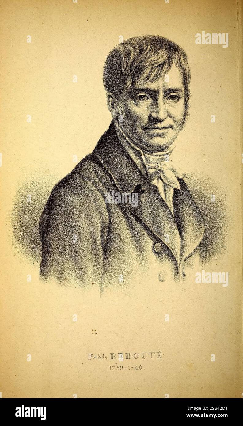 Belgique horticole, Lüttich, Botanik, Gartenbau, Zeitschriften, Plants., Ein Porträt eines elegant gekleideten Mannes aus dem frühen 19. Jahrhundert, das ein raffiniertes Aussehen zeigt. Er hat helles Haar, das in sanften Wellen gestylt ist, mit Koteletten, die seine Gesichtszüge betonen. Die Person trägt ein Hemd mit hohem Kragen und einen dunklen Mantel, typisch für die Mode dieser Zeit. Sein direkter Blick, gepaart mit einem subtilen Lächeln, vermittelt Intelligenz und Poesie. Unter dem Porträt sind der Name „P.J. Redouté“ sowie die Jahre „1759-1840“ eingeprägt, was darauf hindeutet, dass diese Figur wahrscheinlich in der Geschichte oder in der kunst von Bedeutung ist Stockfoto