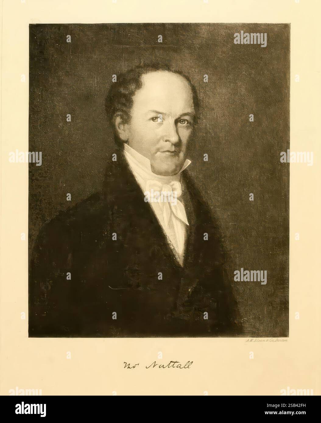The Birds of the Cambridge Region of Massachusetts, Cambridge, Mass, the Club, 1906, Birds, cambridge, massachusetts, Ein Porträt eines Gentlemans in formellem Outfit, mit einem weißen Hemd mit hohem Kragen und einem dunklen Mantel. Er zeigt einen selbstbewussten Ausdruck mit einem leichten Lächeln und sein Haar ist ordentlich gestylt. Unter dem Bild ist der Name „WM“. Swatell' ist eingeschrieben, was die Identität des Subjekts angibt. Der Hintergrund ist einfach, so dass der Fokus auf die individuellen Gesichtszüge und Kleidung der Figur bleibt. Stockfoto