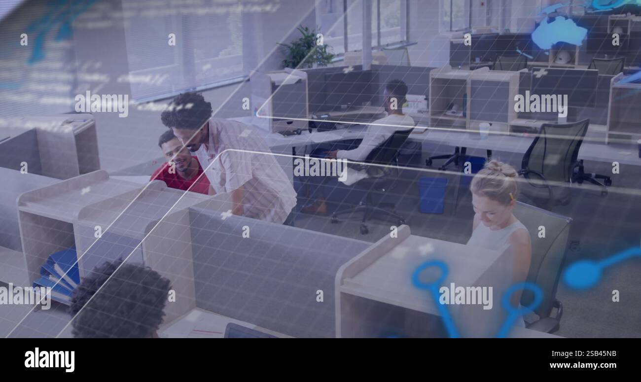 Bild des Wachstumsdiagramms über verschiedene Mitarbeiter, die in modernen Büros arbeiten Stockfoto