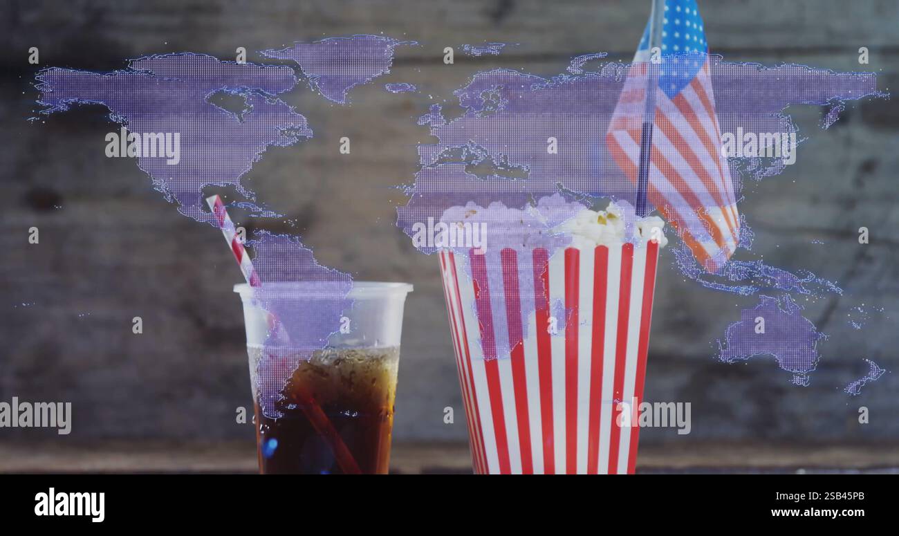 Popcorn und Limonade mit Strohhalmen auf der Weltkarte Stockfoto