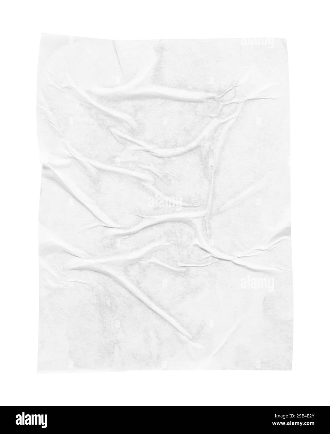 Leere weiße, zerknitterte und gefaltete Papierstruktur, isoliert auf weißem Hintergrund Stockfoto