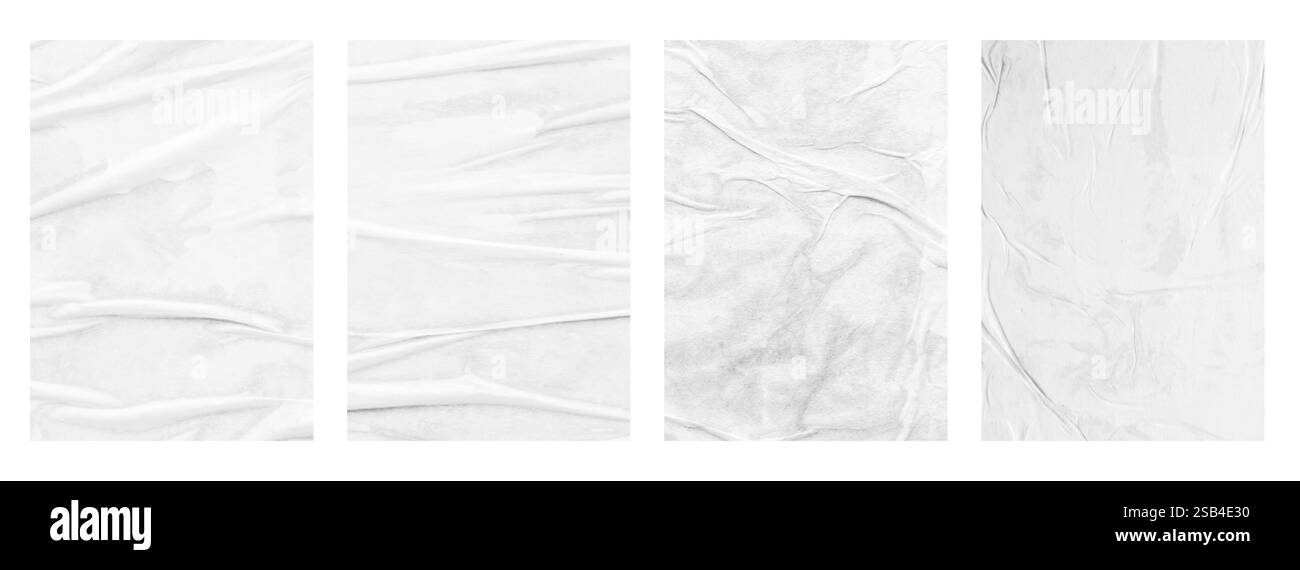 Leeres weißes Poster mit zerknittertem und gefaltetem Papier, isoliert auf weißem Hintergrund Stockfoto