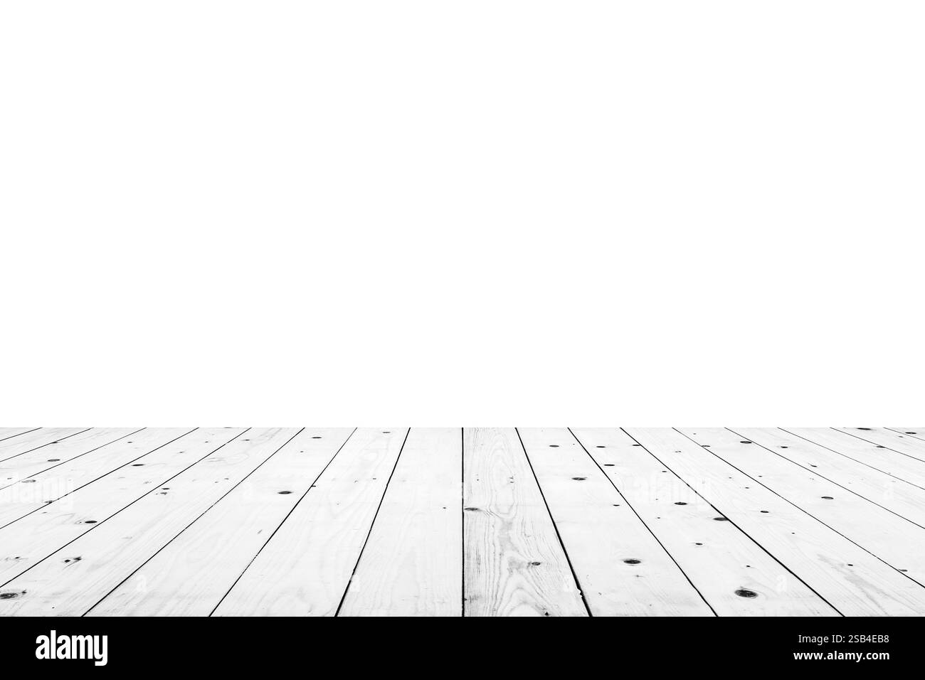 Leere weiße Holztischplatte isoliert auf weißem Hintergrund Stockfoto