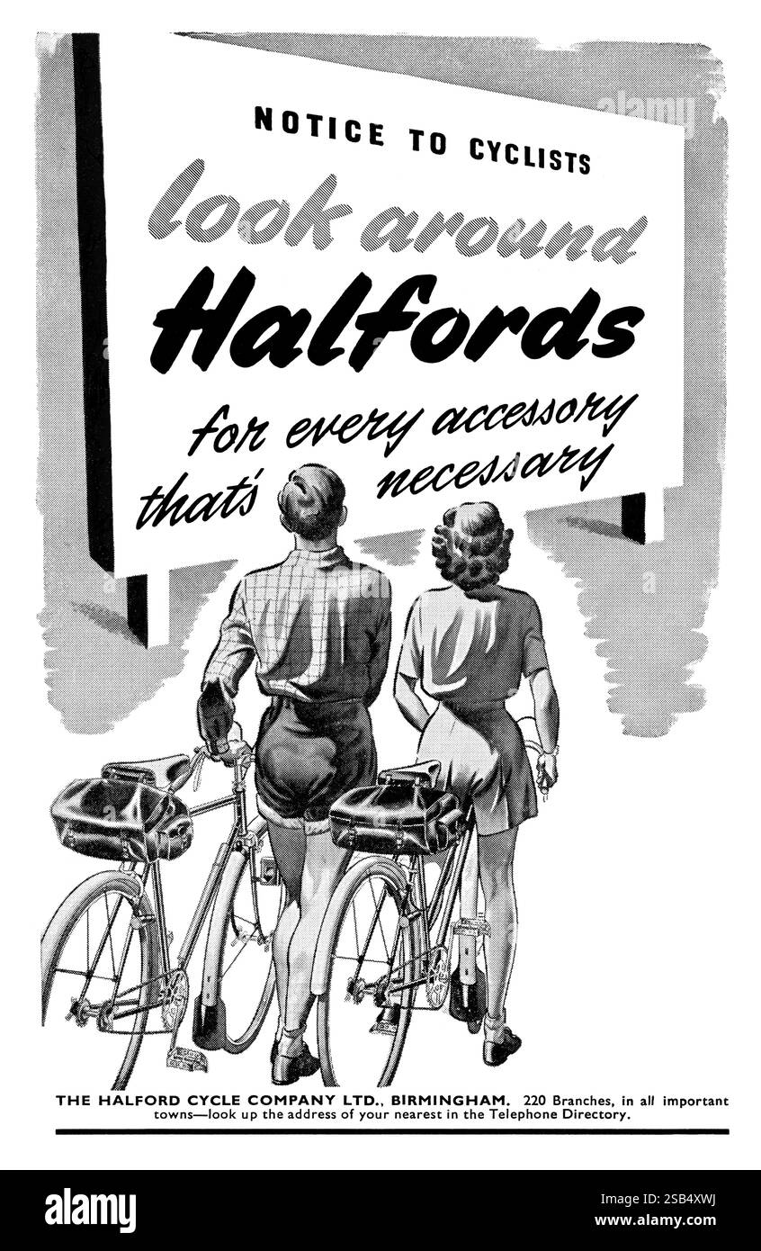 1949 britische Werbung für Halfords-Fahrräder. Stockfoto