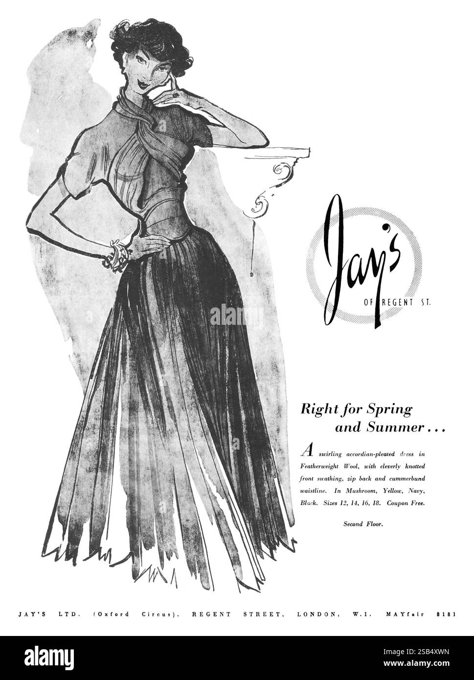 1949 britische Damenmodewerbung für Jay's of Regent Street. Stockfoto